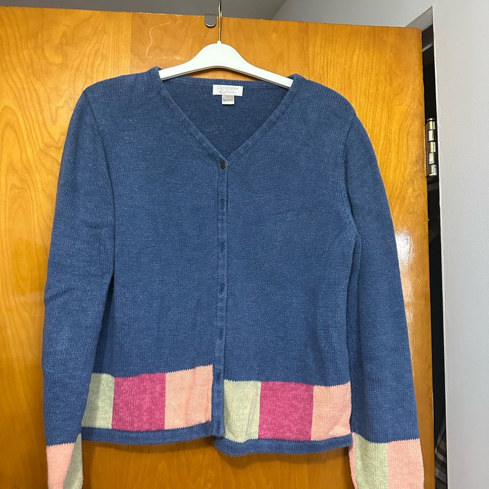 Christopher & Banks Blue Cardigan with Pink and Cream Accents